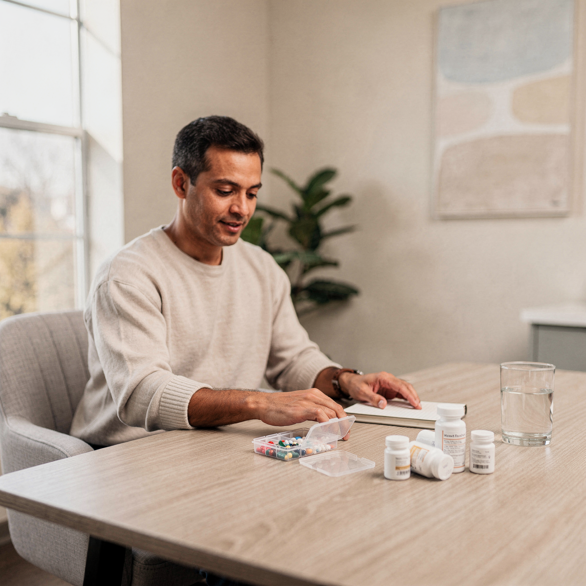 Patient reviewing medication management information at a table with prescription bottles and a glass of water